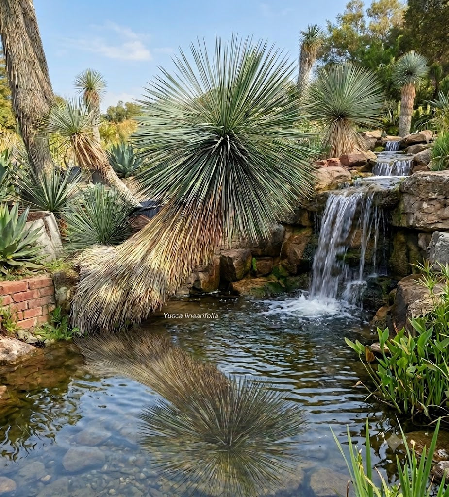 Yucca linearifolia, untrimmed curved form, 2 heads, pot Ø 75 cm 